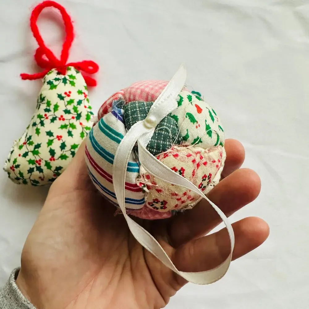 Vintage Handmade Bundle Of 2 Cottagecore Fabric Christmas Tree Ornaments